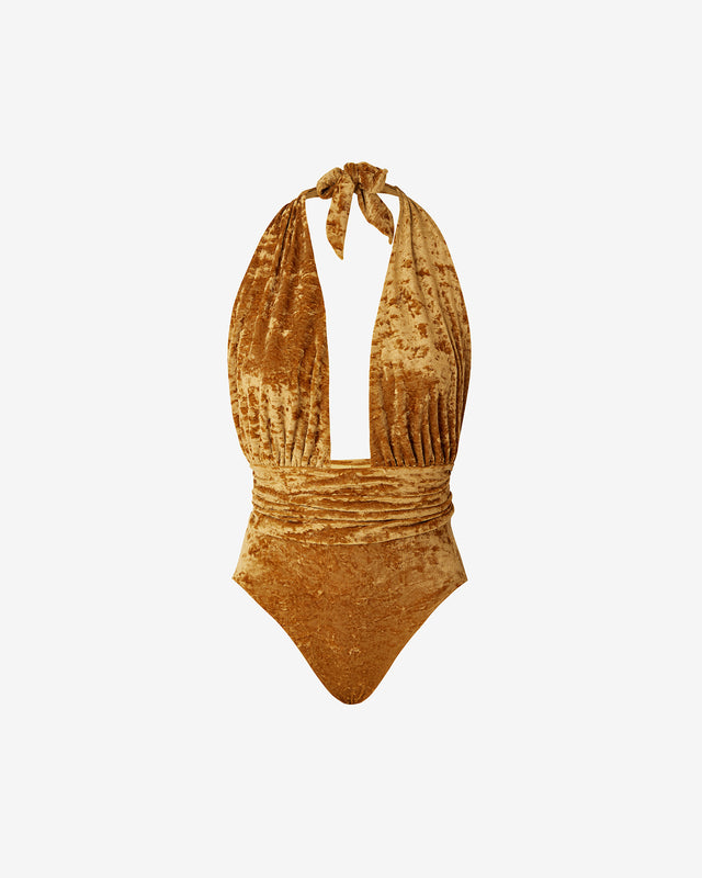 Maillot De Bain Venus - Ocre : Maillot de bain 1 pièce avec effet velours ocre Mes Demoiselles - Dernière image