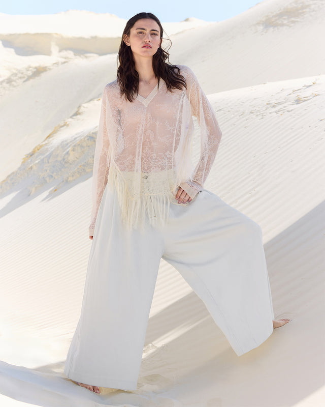 Pull façon poncho beige en pointelle et dentelle ajourée - Pulls & gilets Mes Demoiselles - Image 1