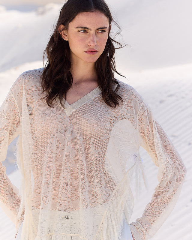 Pull Birpal - Beige : Pull façon poncho beige en pointelle et dentelle ajourée Mes Demoiselles - Image 3