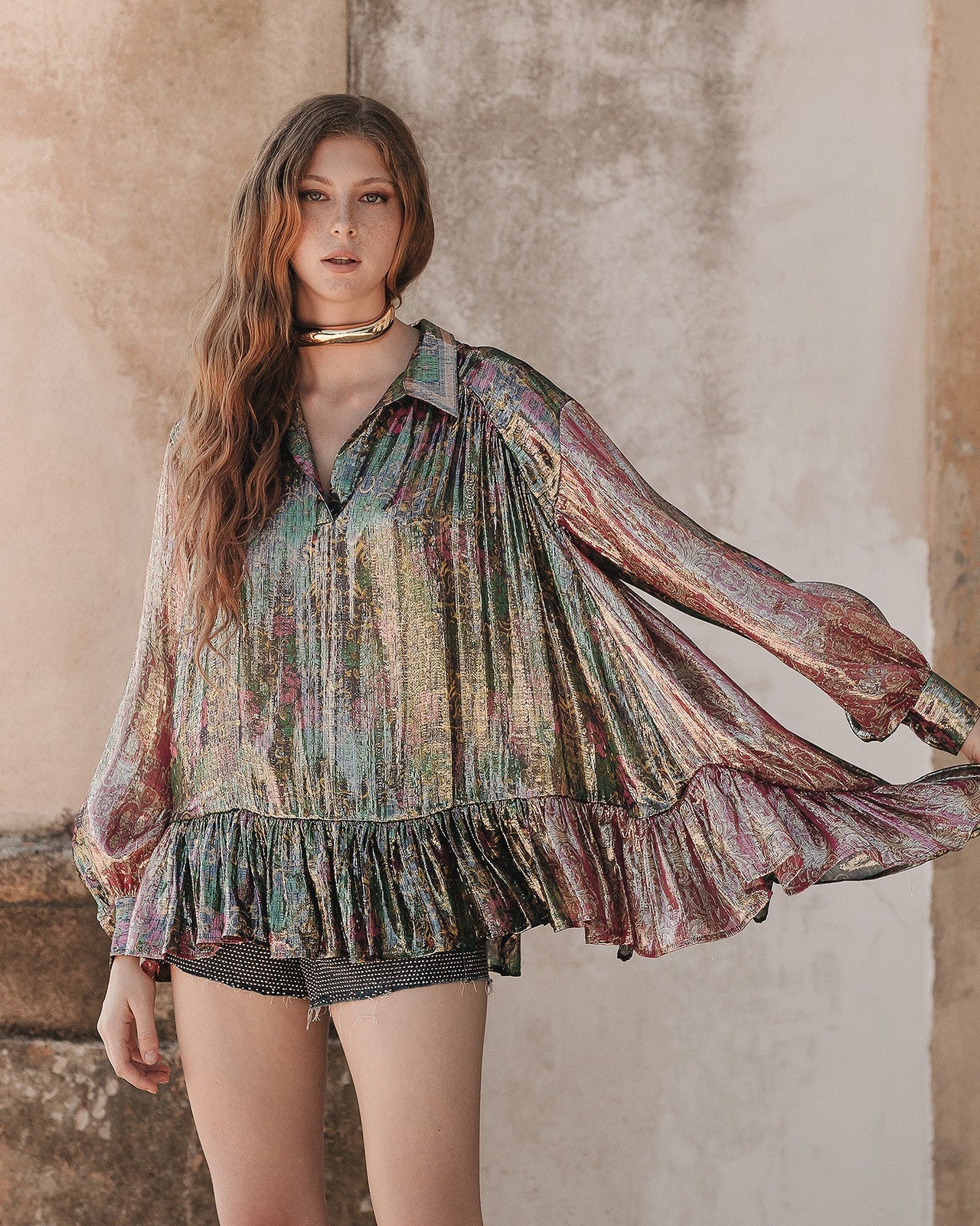 Blouse Rosemay - Rouge : Blouse volumineuse en soie lurex Mes Demoiselles - Image 6