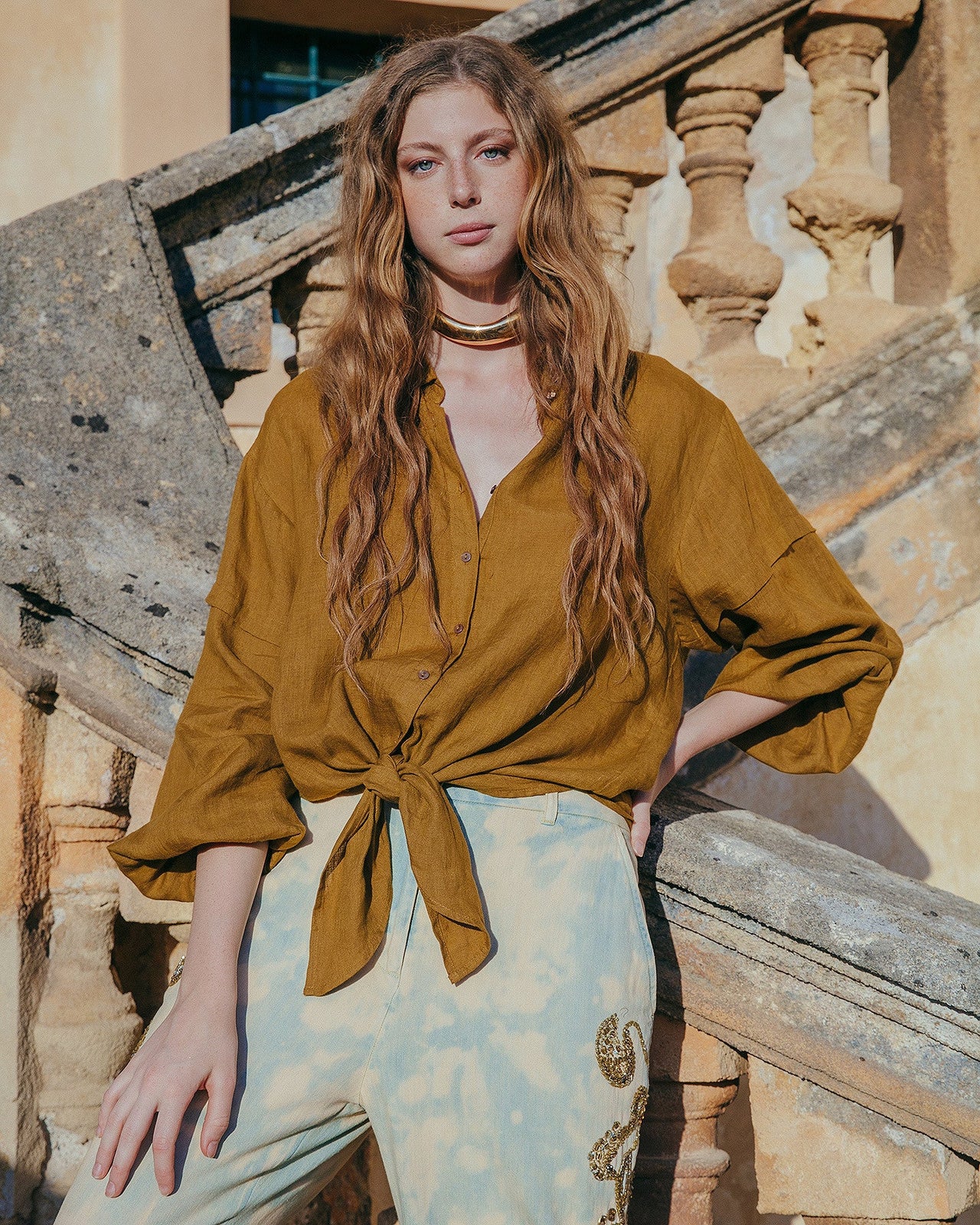 Chemise en lin couleur bronze à nouer : Chemises & tops Mes Demoiselles - Image 1