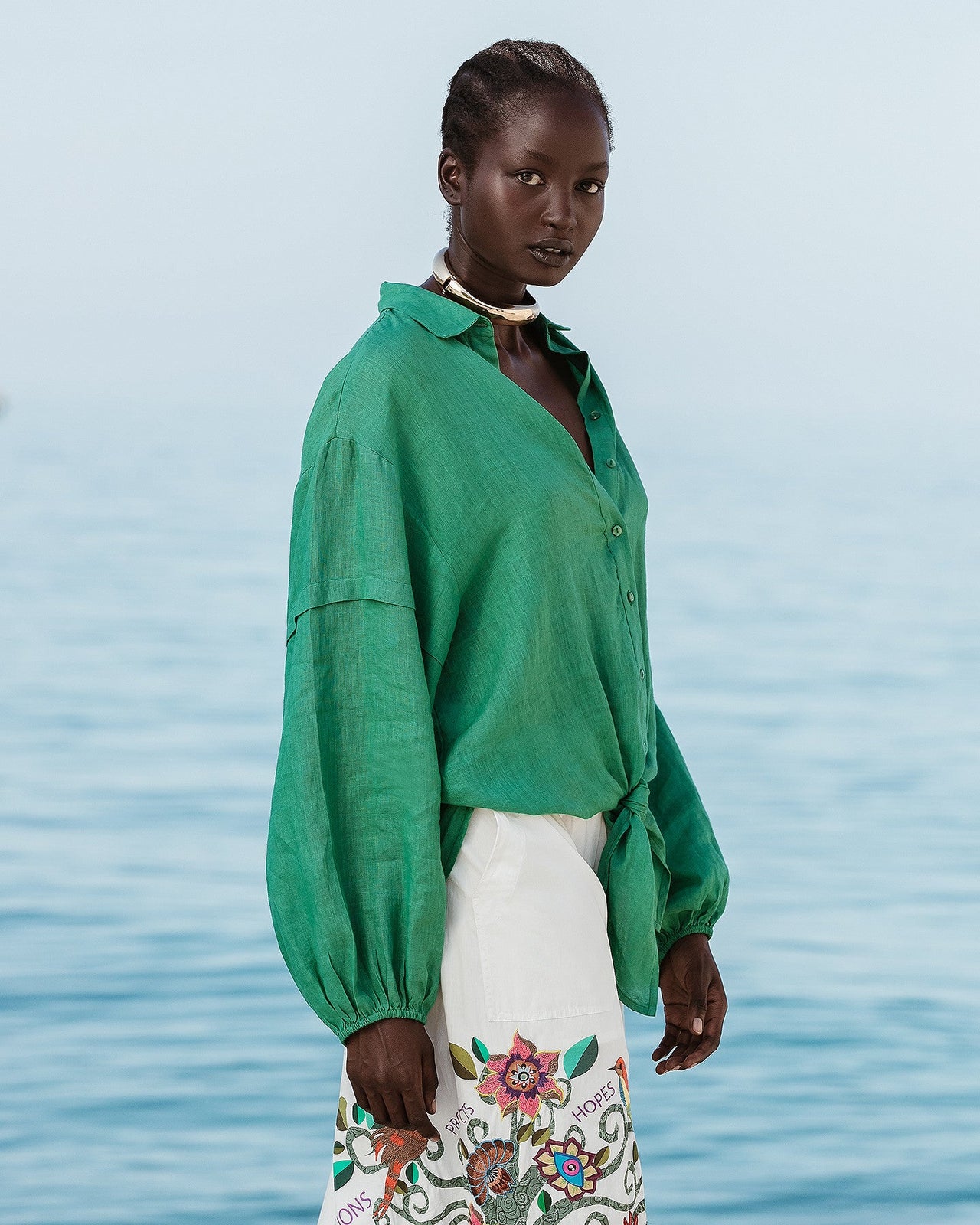 Chemise en lin couleur verte à nouer : Chemises & tops Mes Demoiselles - Image 3