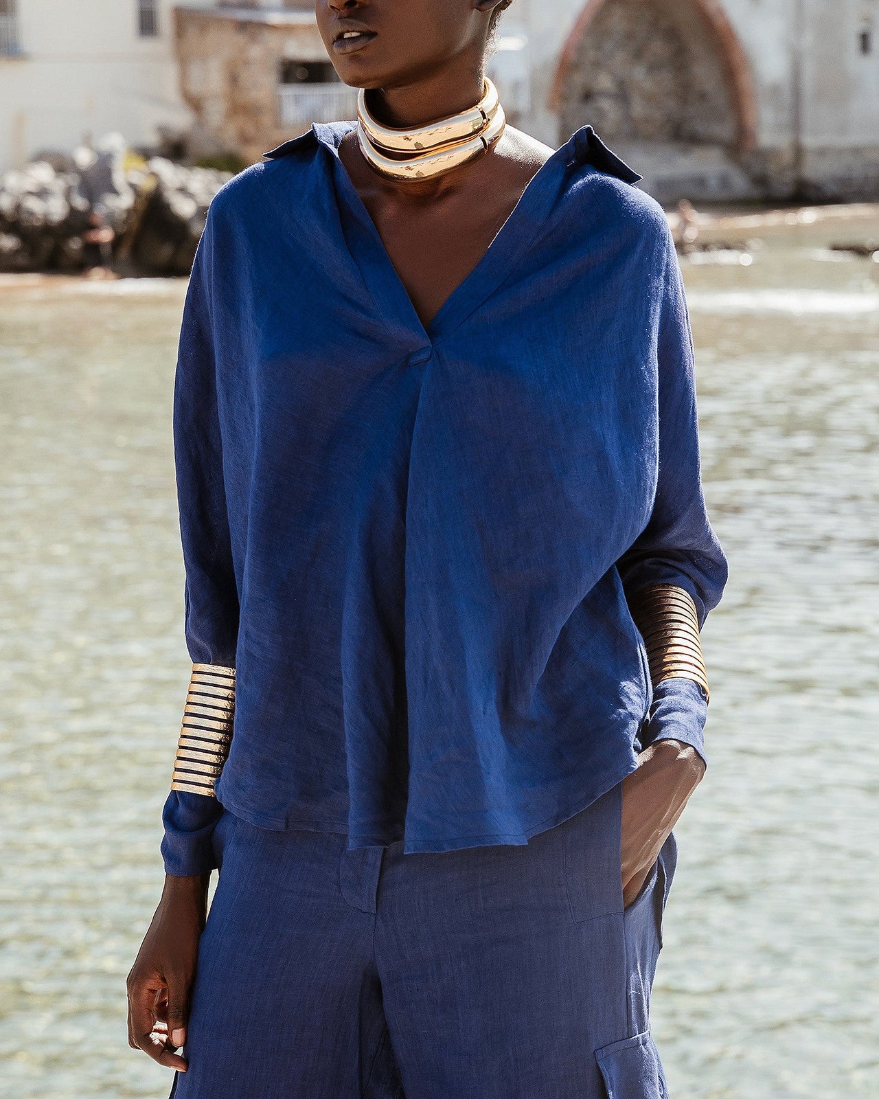 Blouse Cicco - Bleu Marine : Blouse en toile de lin bleu klein Mes Demoiselles - Image 4