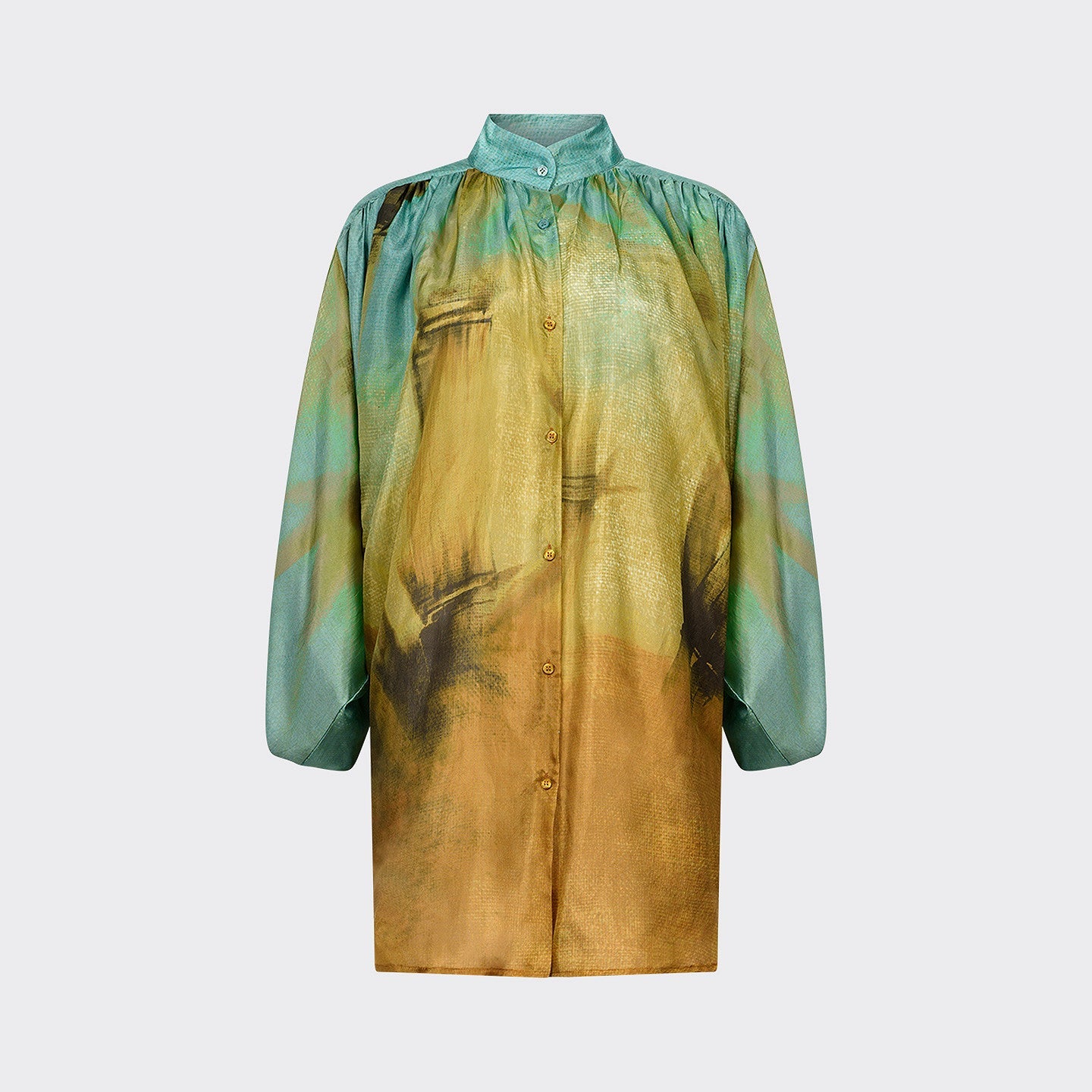 Blouse Bulda - Vert : Chemise en soie imprimée aux tons naturels Mes Demoiselles