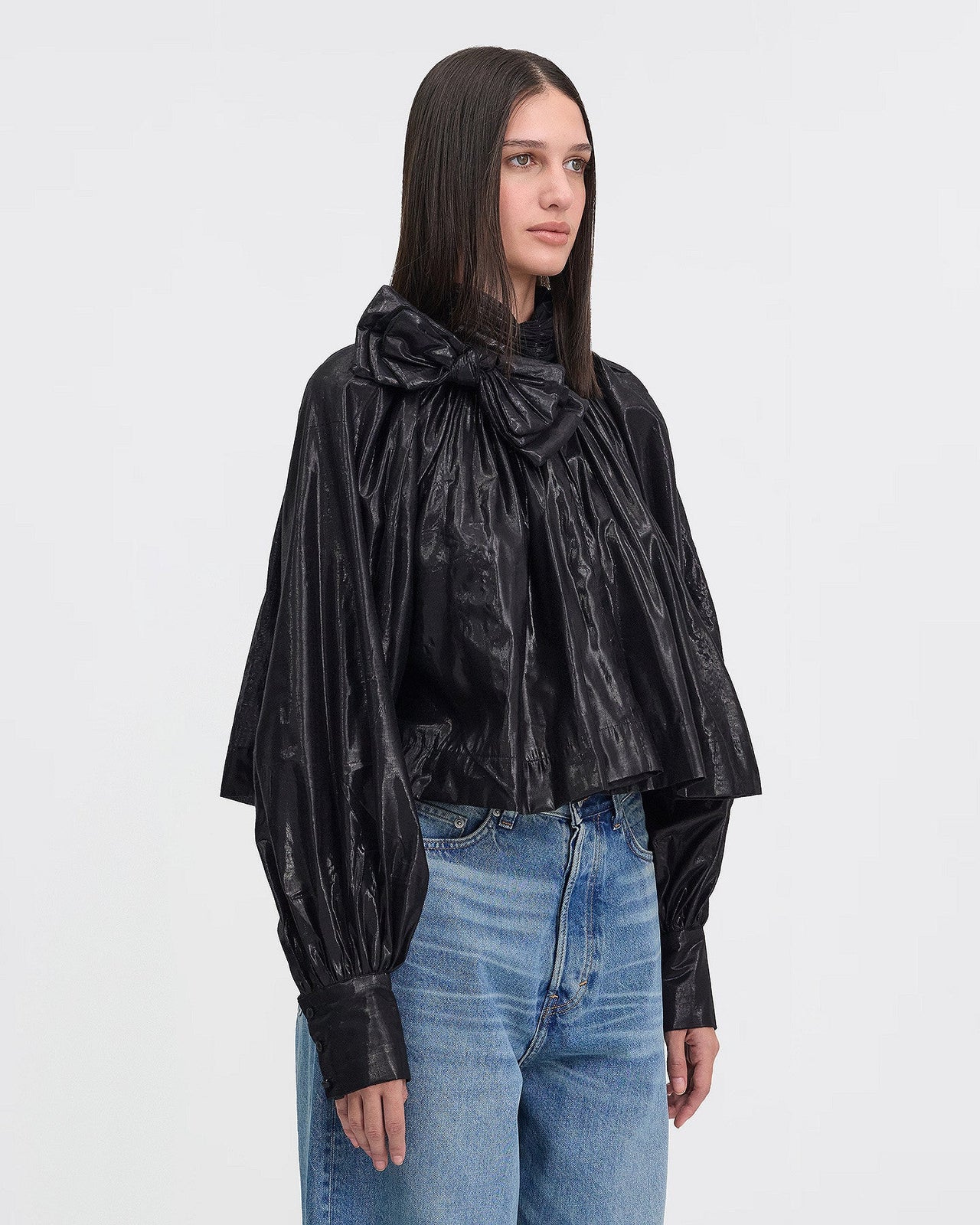 Blouse courte en fil lurex tissé noir : Chemises & tops Mes Demoiselles - Image 3