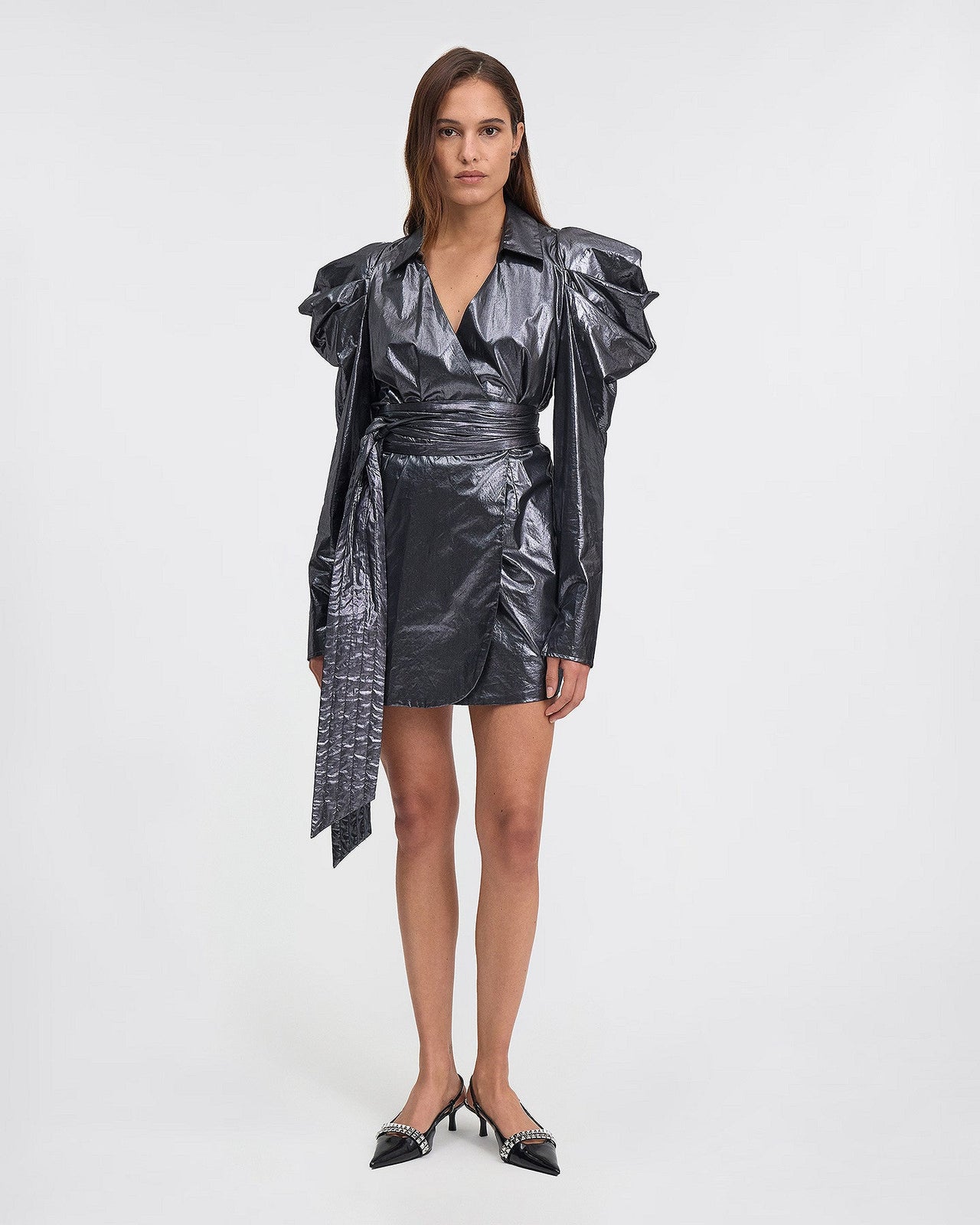 Elégante robe courte en coton enduit argenté : Robes Mes Demoiselles - Image 1