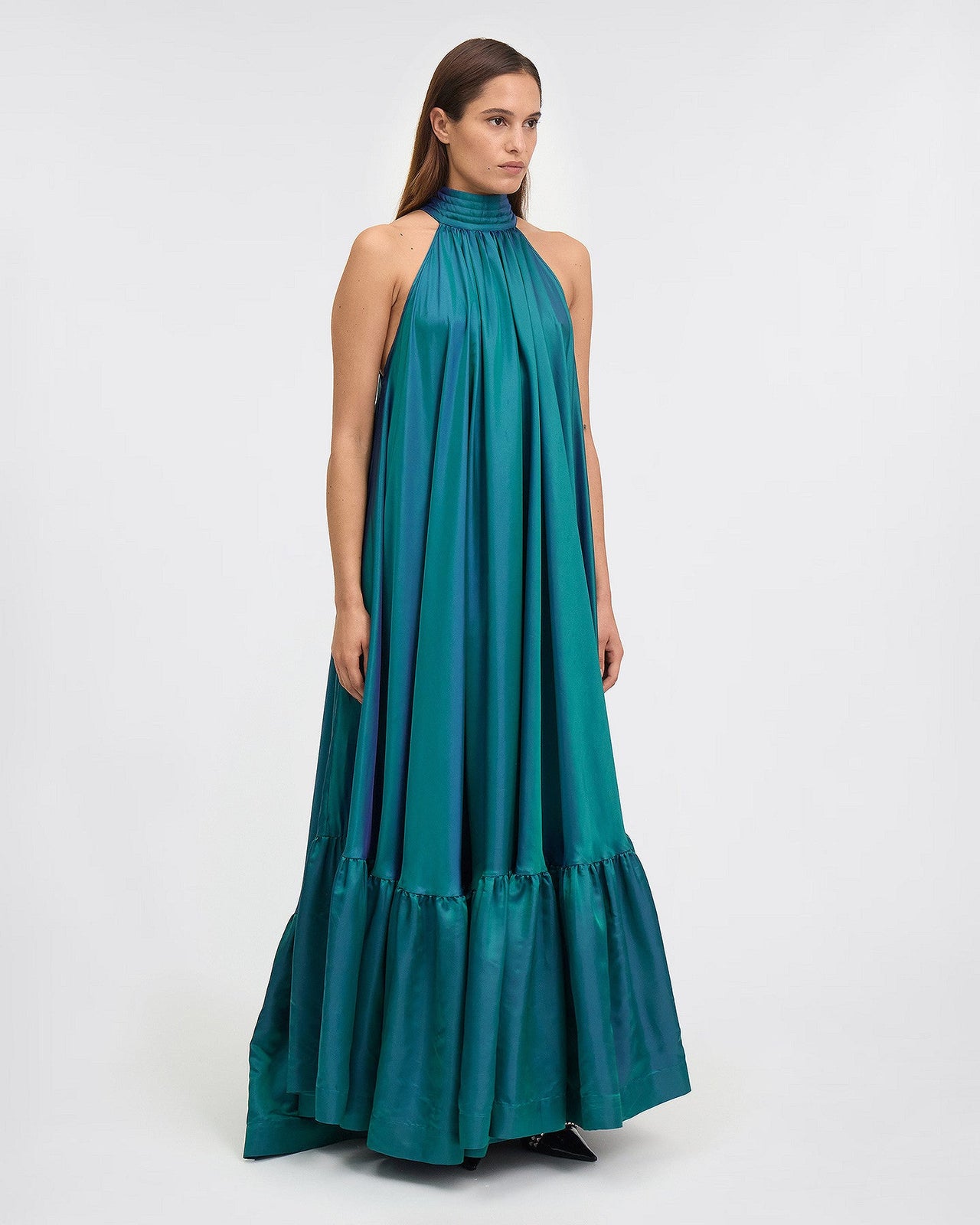 Longue robe élégante satinée turquoise : Robes Mes Demoiselles - Image 3