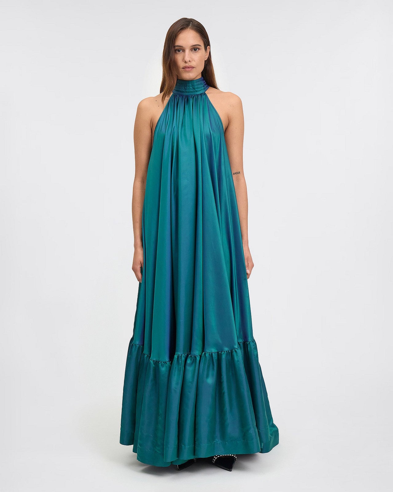 Longue robe élégante satinée turquoise : Robes Mes Demoiselles - Image 1