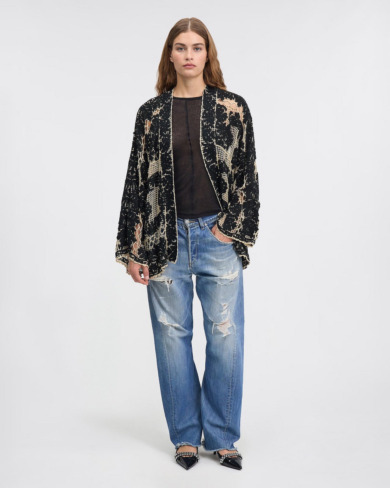 Veste kimono courte au crochet couleur noire : Manteaux & vestes Mes Demoiselles - Image 1