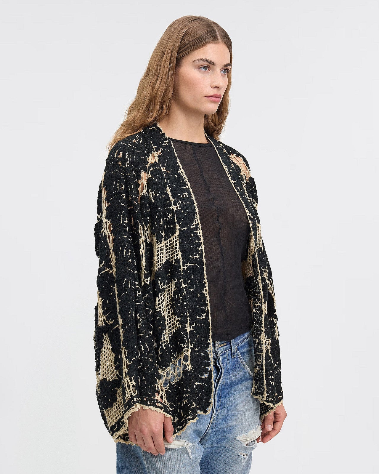 Veste kimono courte au crochet couleur noire : Manteaux & vestes Mes Demoiselles - Image 3