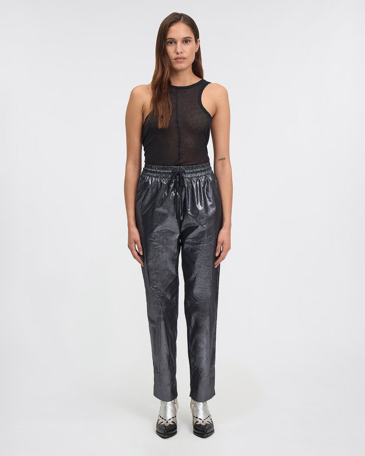 Pantalon esprit jogging avec enduction silver : Pantalons & combinaisons Mes Demoiselles - Image 1
