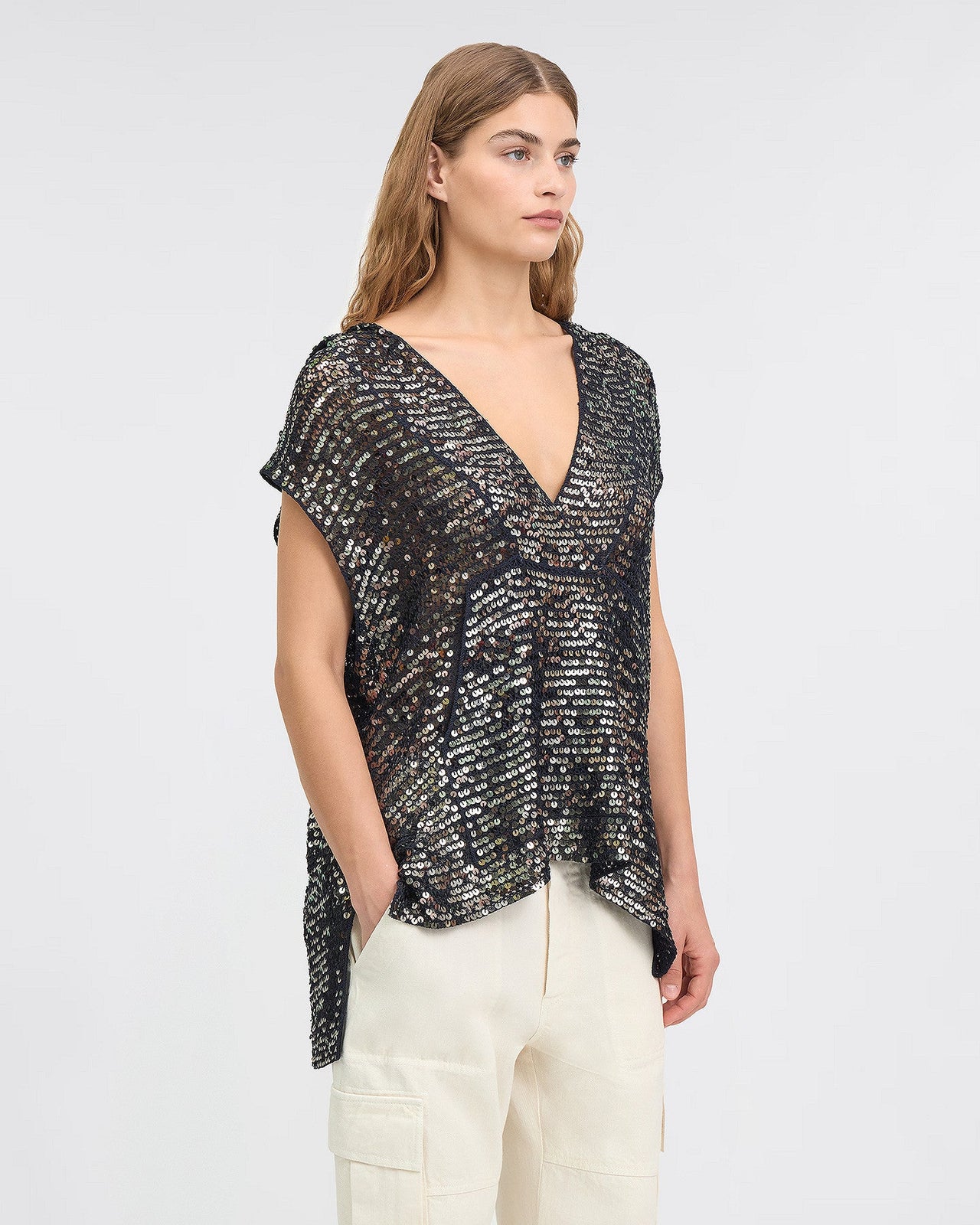 Sweater à capuche en sequins kaki clair : Pulls & gilets Mes Demoiselles - Image 3