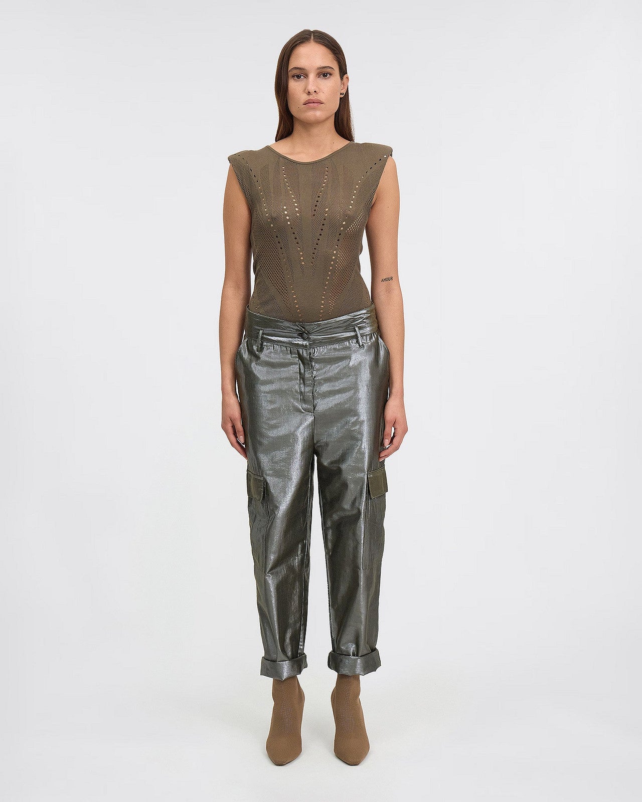 Top en pointelle kaki sans manches : Chemises & tops Mes Demoiselles - Image 1