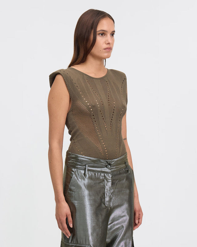 Top en pointelle kaki sans manches - Chemises & tops Mes Demoiselles - Image 3