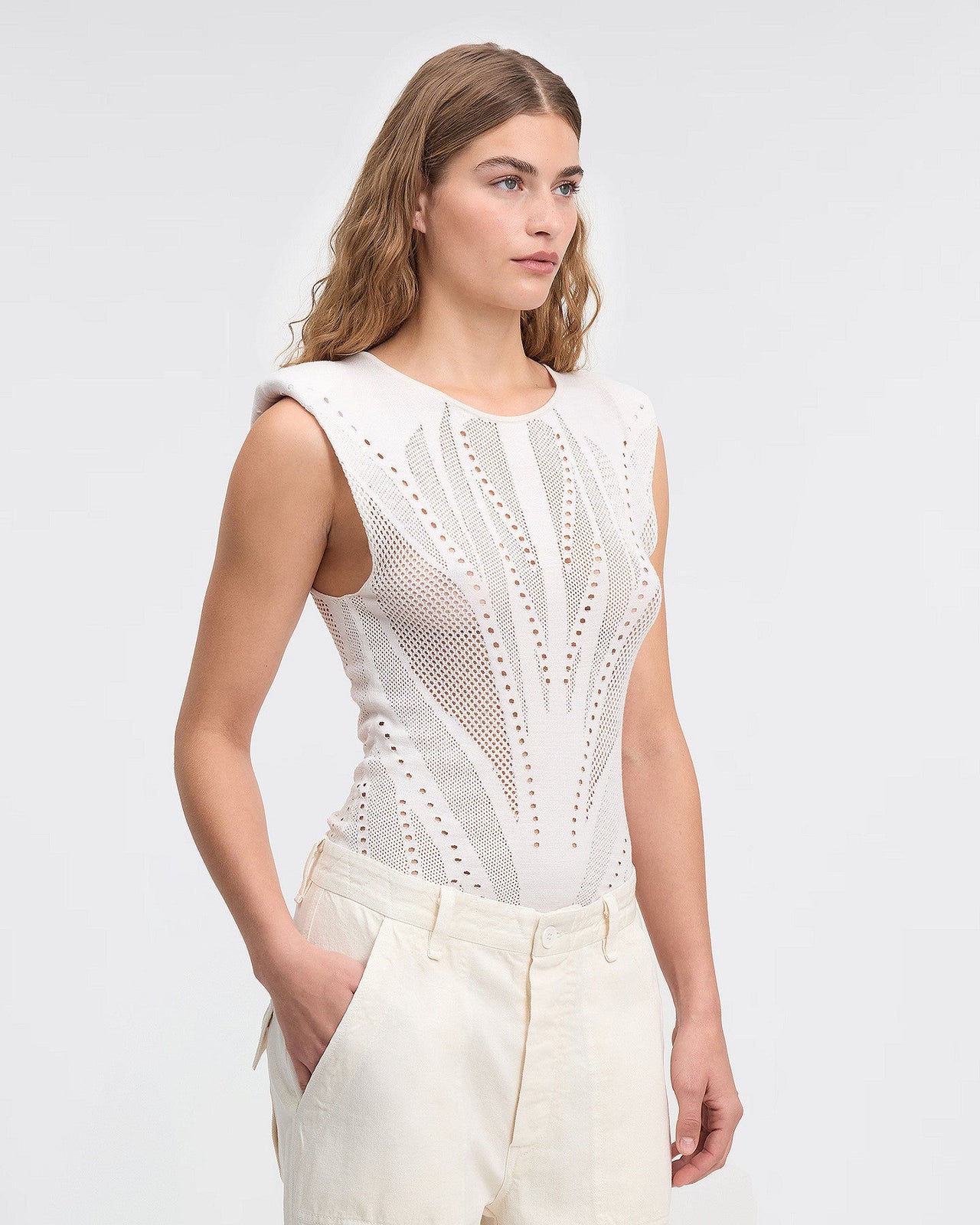 Top en pointelle ivoire sans manches : Chemises & tops Mes Demoiselles - Image 3