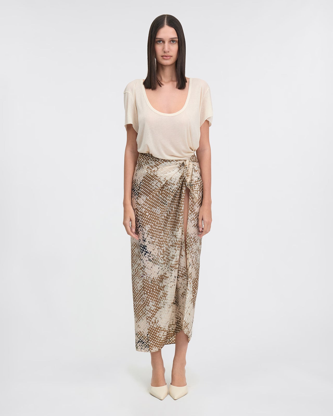 Foulard en soie imprimé petits pois beige : Accessoires Mes Demoiselles - Image 1