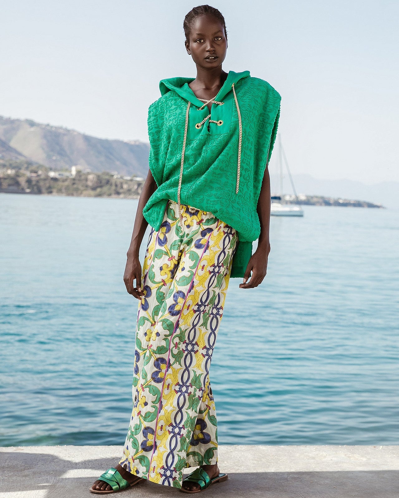 Pantalon Corvina - Vert : Pantalon en coton multicolore imprimé placé Mes Demoiselles - Image 4