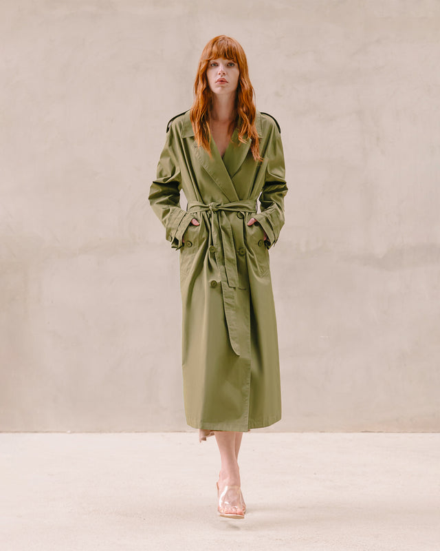 Trench - coat kaki fluide, classique revisité, longueur maxi chic - Manteaux & vestes Mes Demoiselles - Image 1