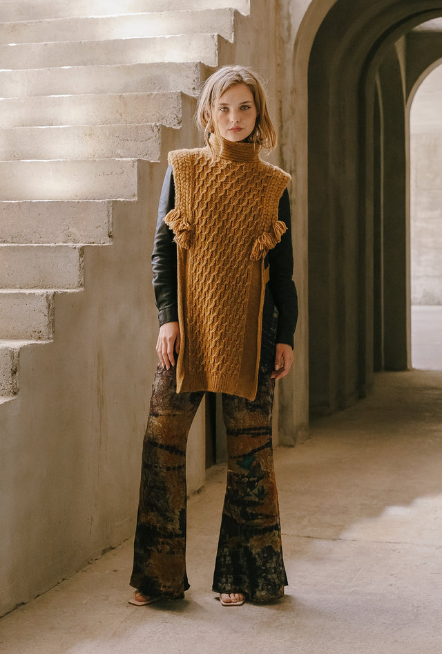 Maille beige épaisse, point écaille, col roulé, franges bohèmes - Manteaux & vestes Mes Demoiselles - Image 1