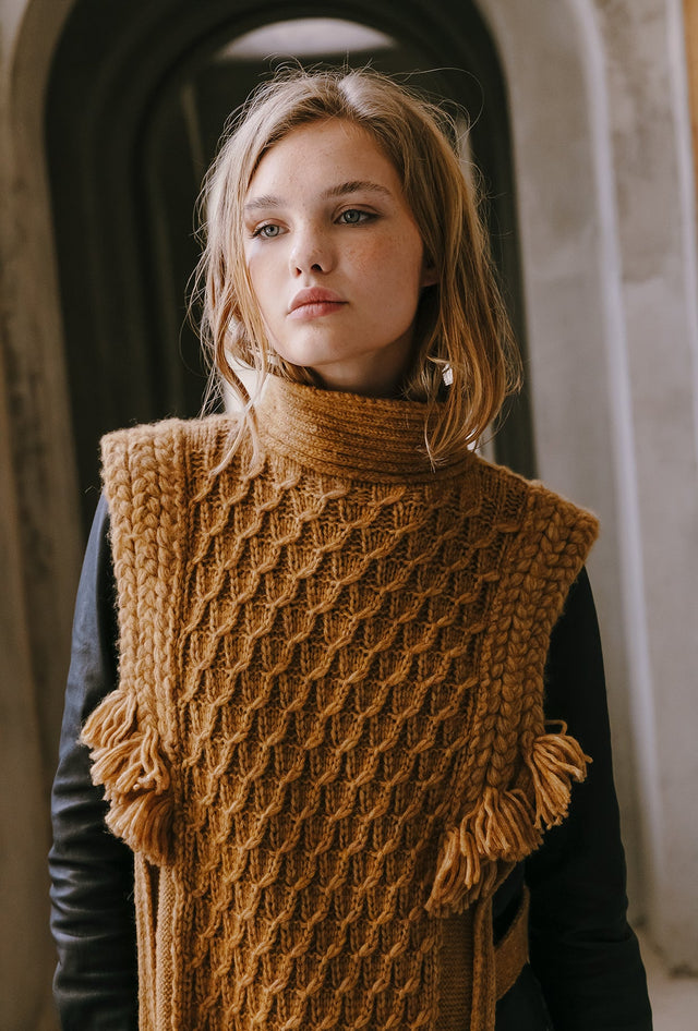 Maille beige épaisse, point écaille, col roulé, franges bohèmes - Manteaux & vestes Mes Demoiselles - Image 2