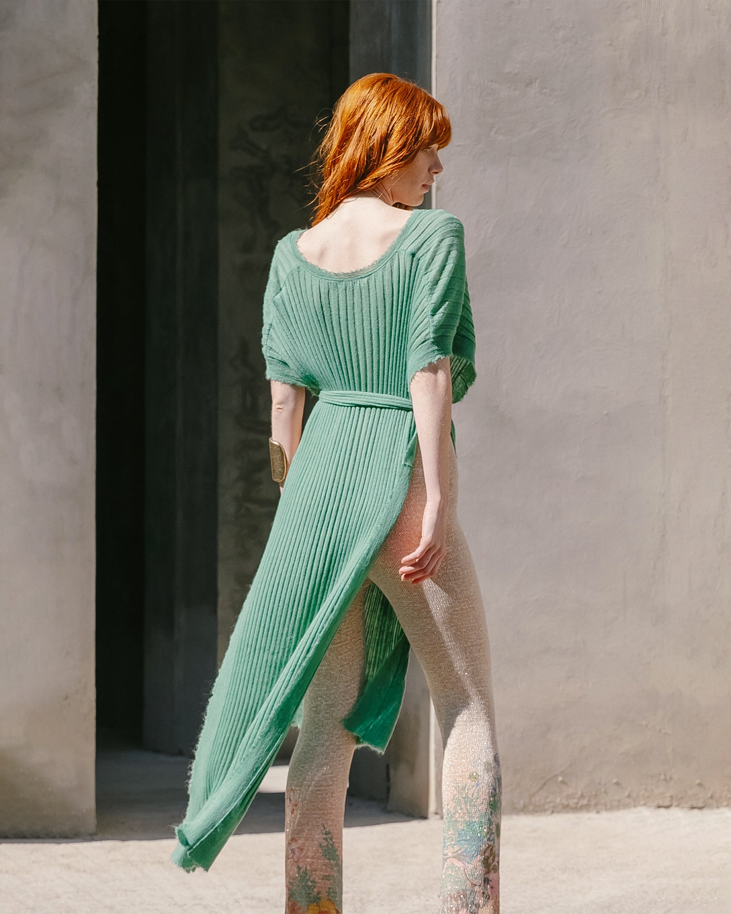 Long pull ample vert menthe, col V, maille côtelée, ceinture - Pulls & gilets Mes Demoiselles