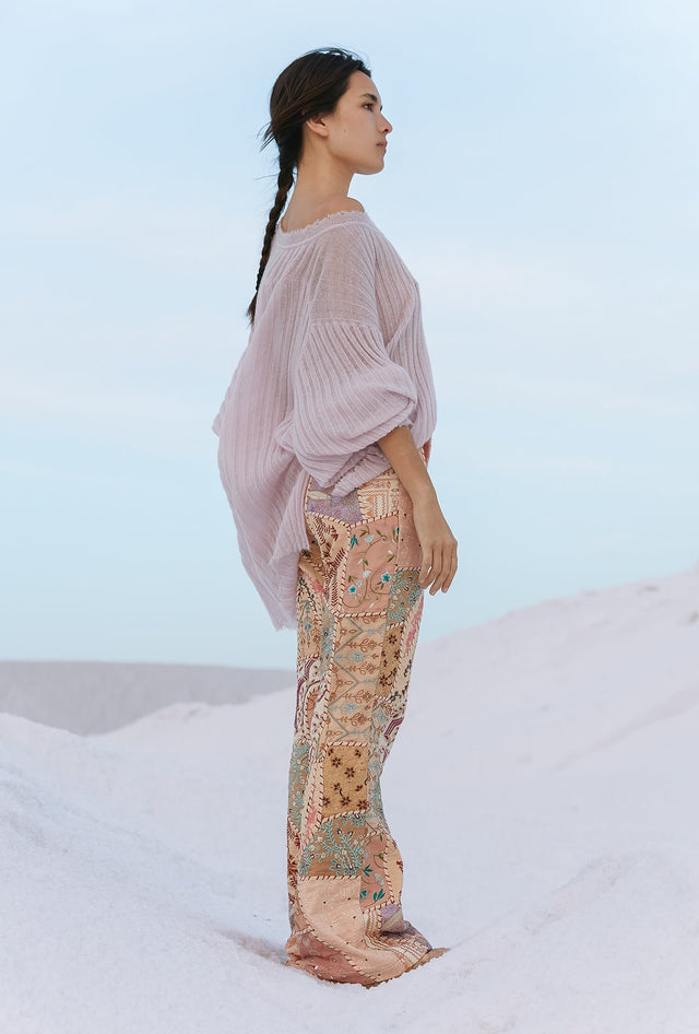 Pull mauve ample, maille plissée, asymétrique, bords frangés - Pulls & gilets Mes Demoiselles - Image 3