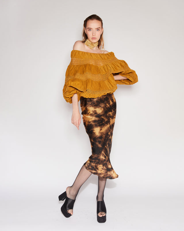 Blouse ocre romantique en coton texturé, dentelle ajourée - Chemises & tops Mes Demoiselles - Image 1