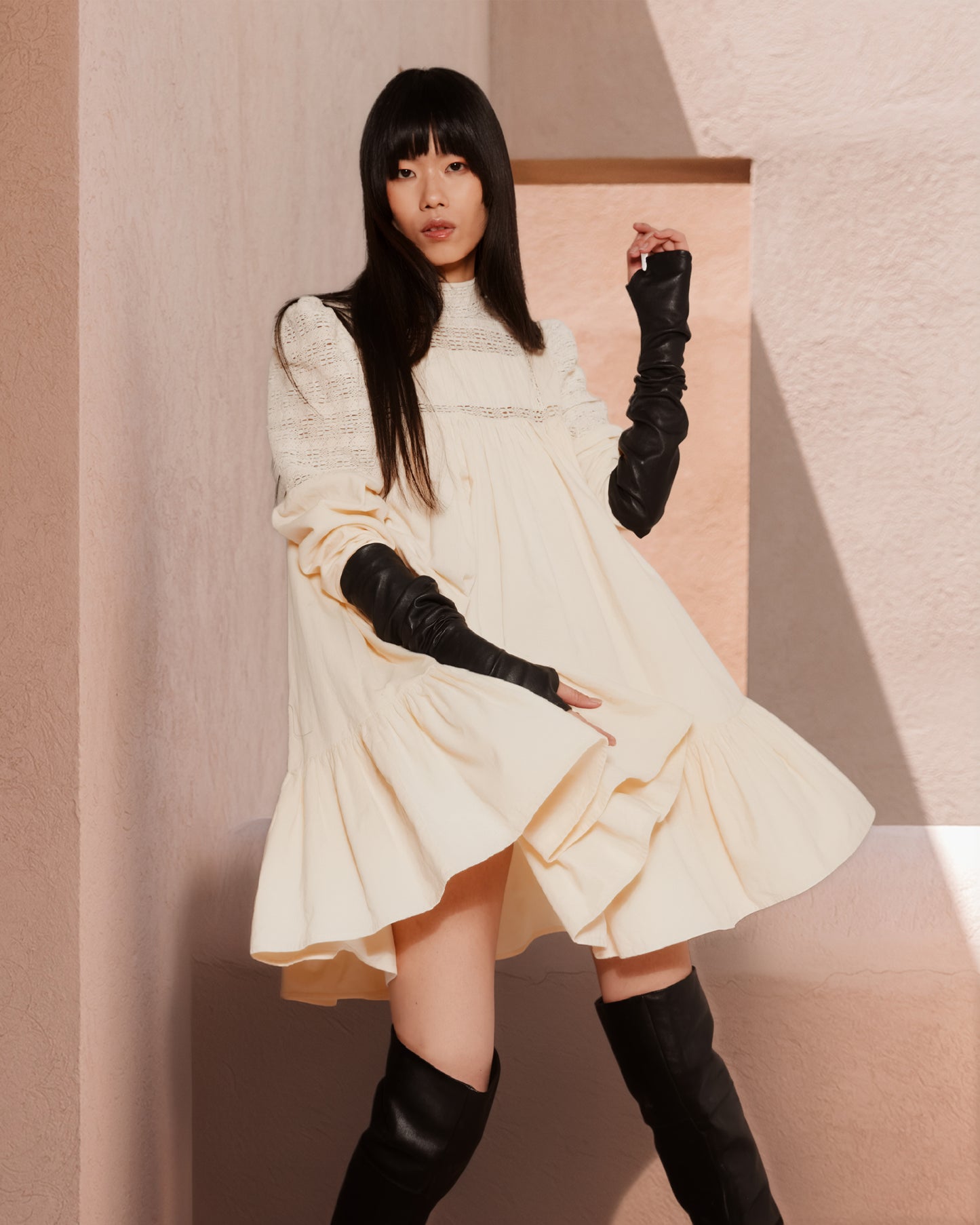 Robe ivoire romantique, dentelle et plis, manches bouffantes - Robes Mes Demoiselles