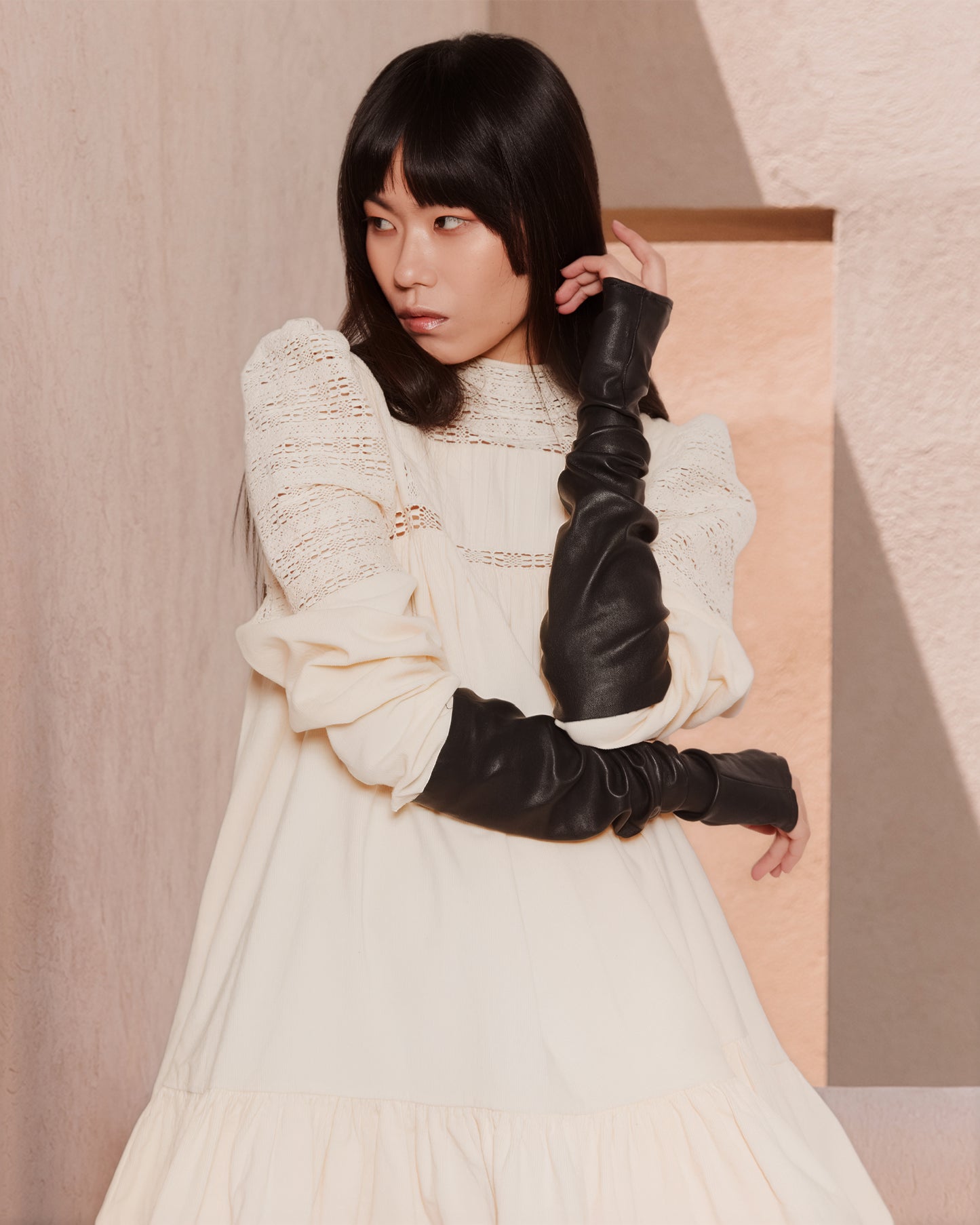 Robe ivoire romantique, dentelle et plis, manches bouffantes - Robes Mes Demoiselles