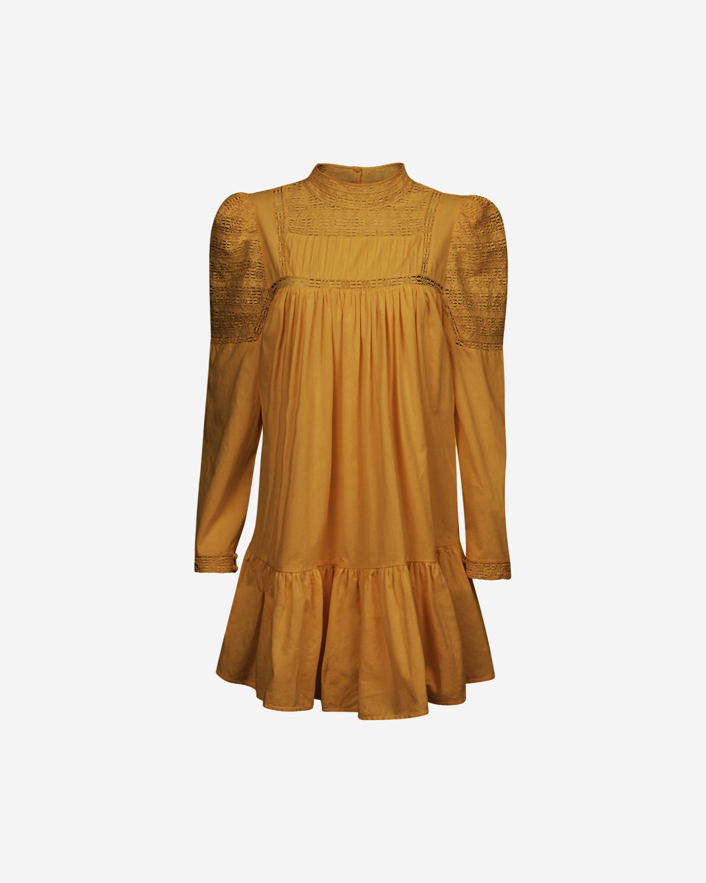 Robe ocre romantique, dentelle et plis, manches longues bouffantes - Robes Mes Demoiselles