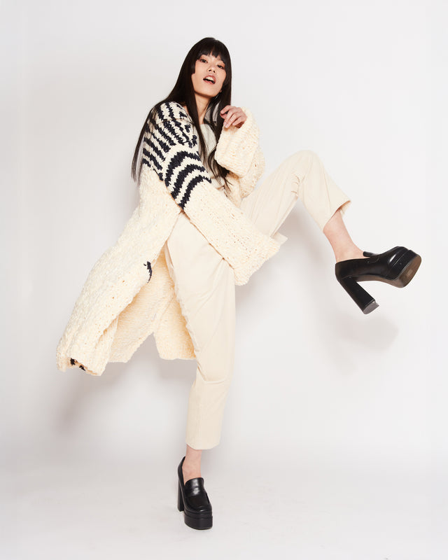 Cardigan longue grosse maille crème/marine, style bord de mer élégant - Manteaux & vestes Mes Demoiselles - Image 2