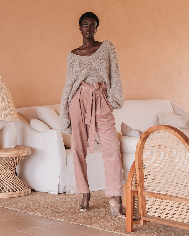 Pantalon velours côtelé nude, taille haute, chic et droit - Pantalons & combinaisons Mes Demoiselles - Image 1