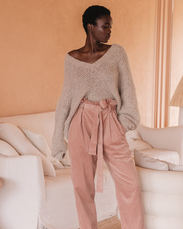 Pantalon velours côtelé nude, taille haute, chic et droit - Pantalons & combinaisons Mes Demoiselles - Image 3