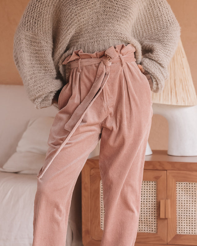 Pantalon velours côtelé nude, taille haute, chic et droit - Pantalons & combinaisons Mes Demoiselles - Image 2