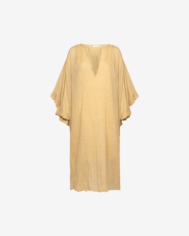 Robe Nybi - Jaune : Robe voile coton jaune, ample, manches drapées, encolure en V Mes Demoiselles - Dernière image