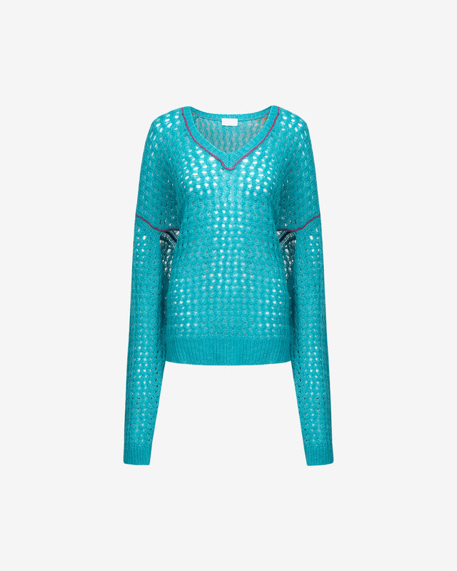 Pull Takeko - Turquoise : Pull en alpaga turquoise, maille filet, col V profond Mes Demoiselles - Dernière image
