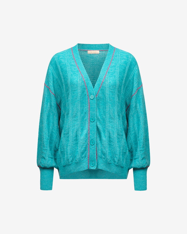 Cardigan Taki - Turquoise : Cardigan turquoise pratique en laine et alpaga, manches larges Mes Demoiselles - Dernière image
