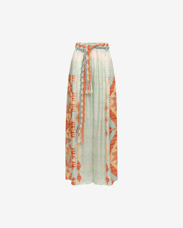 Pantalon Terene - Bleu : Pantalon large imprimé bleu orangé, ceinture tressée, taille élastiquée Mes Demoiselles - Dernière image