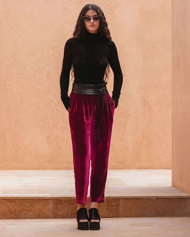 Pantalon velours fuchsia, coupe droite, pli marqué, taille élastique - Pantalons & combinaisons Mes Demoiselles - Image 1