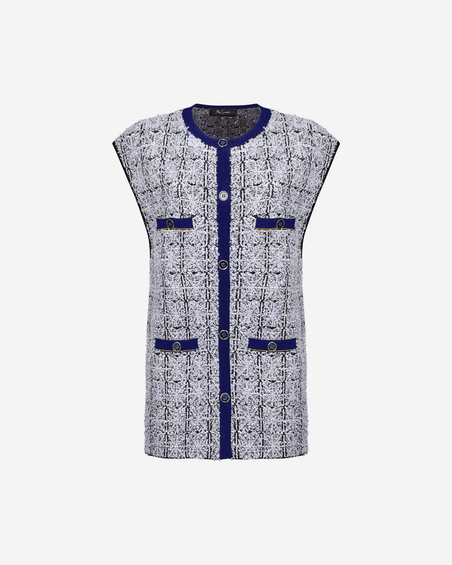 Veste Cadi - Bleu Electrique : Gilet long en tweed navy et ecru Mes Demoiselles - Dernière image