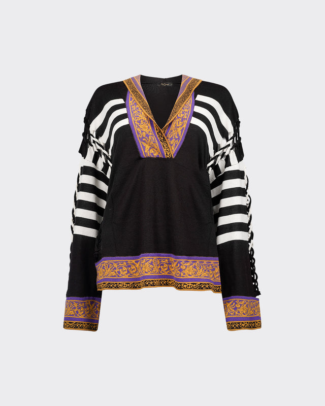 Pull Chozyn - Noir : Sweat à capuche en maille rayée et ajourée Mes Demoiselles - Dernière image