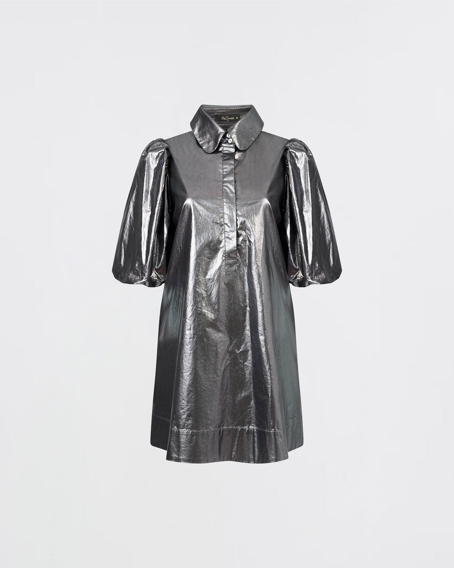 Robe courte avec manches bouffantes en coton enduit argenté : Robes Mes Demoiselles