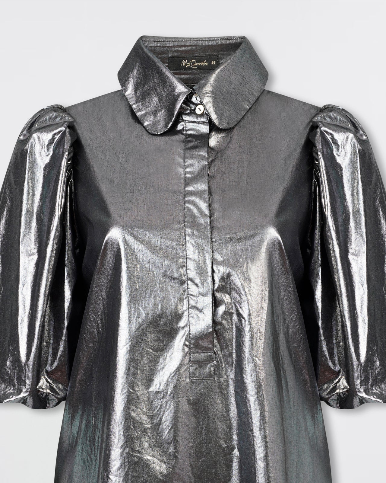 Robe courte avec manches bouffantes en coton enduit argenté : Robes Mes Demoiselles - Image 2