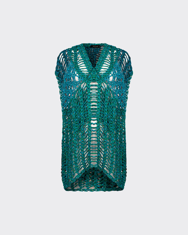 Pull Miley - Turquoise : Pull fait main au crochet fantaisie dégradé vert et turquoise Mes Demoiselles - Dernière image