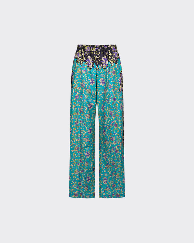 Pantalon Papili - Turquoise : Pantalon en coton imprimé placé turquoise et noir Mes Demoiselles - Dernière image