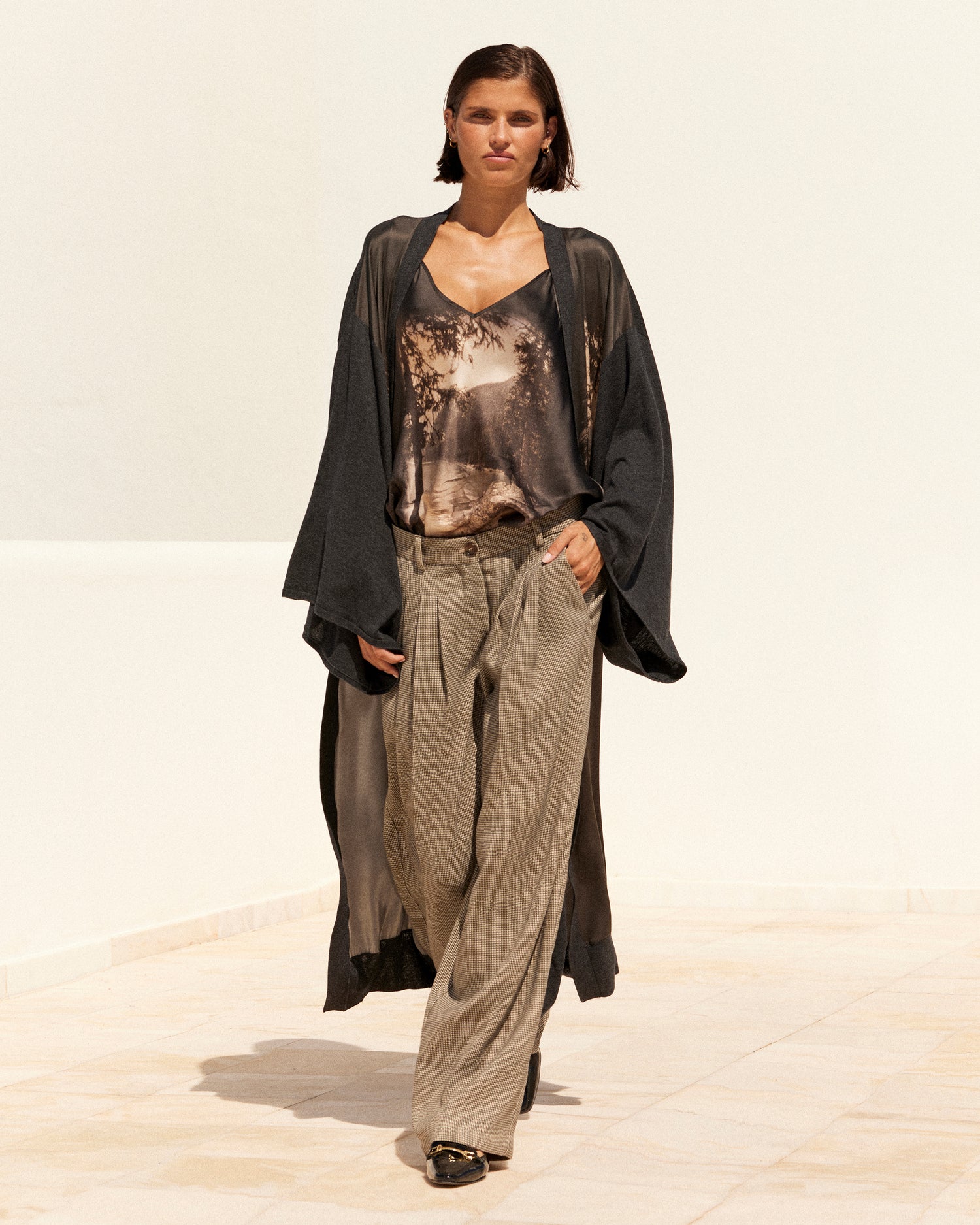 Long cardigan en soie imprimée et maille mérinos – noir - Kimonos & ponchos Mes Demoiselles