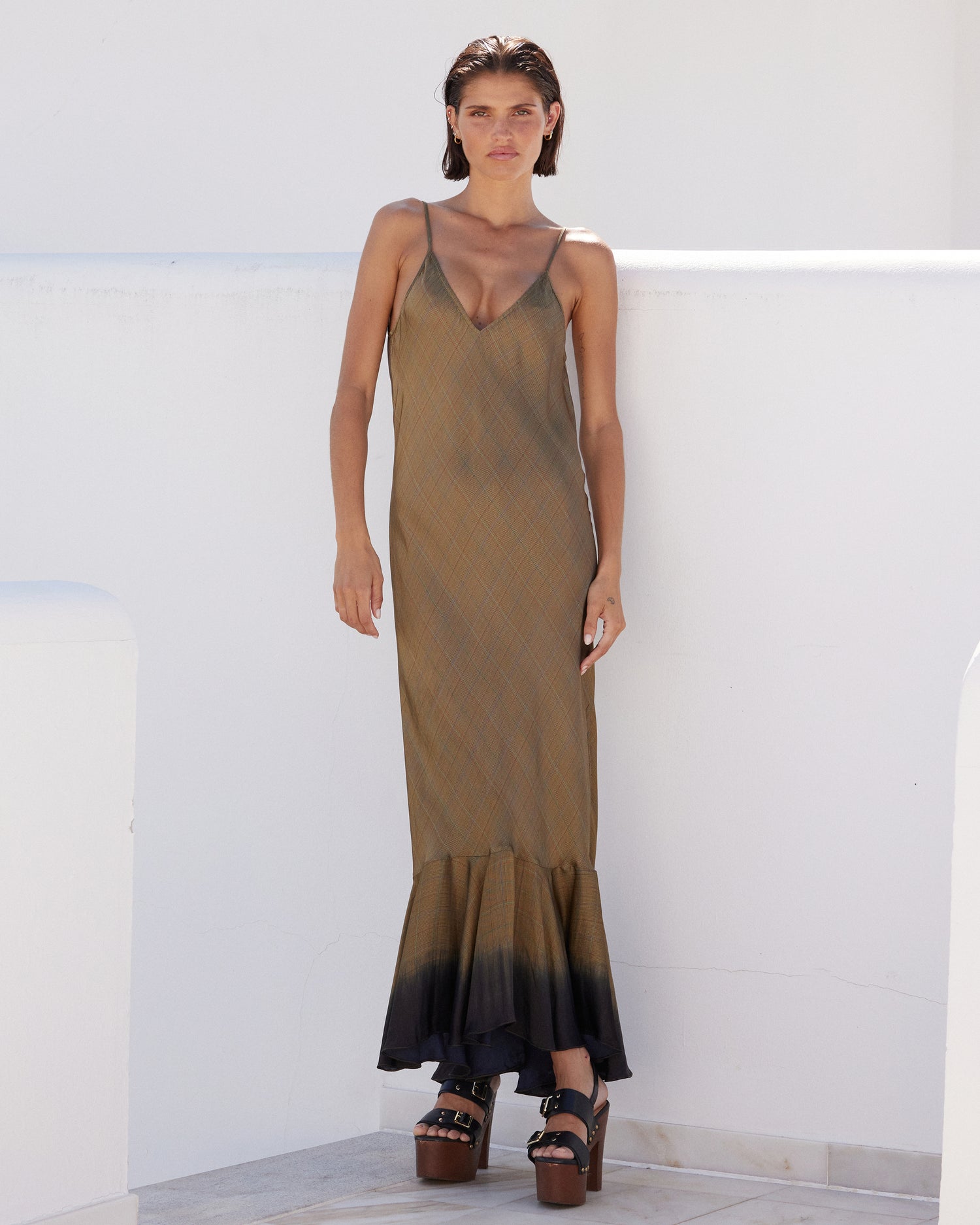 Robe longue en viscose satin - carreaux fondus - Robes Mes Demoiselles