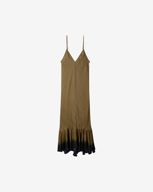 Robe Bella - Kaki : Robe longue en viscose satin - carreaux fondus Mes Demoiselles - Dernière image