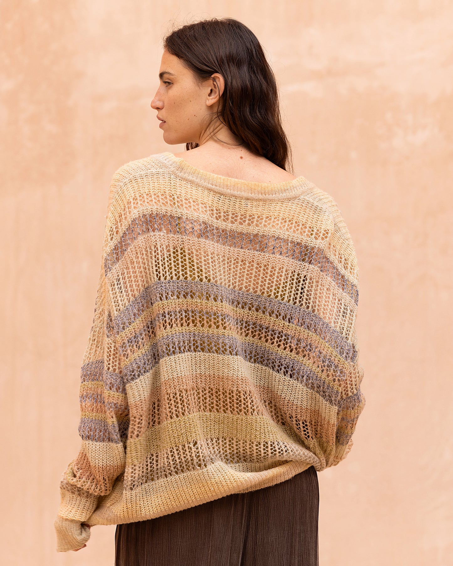 Cardigan Fallord - Beige : Cardigan ajouré à rayures aux nuances beige fondues Mes Demoiselles