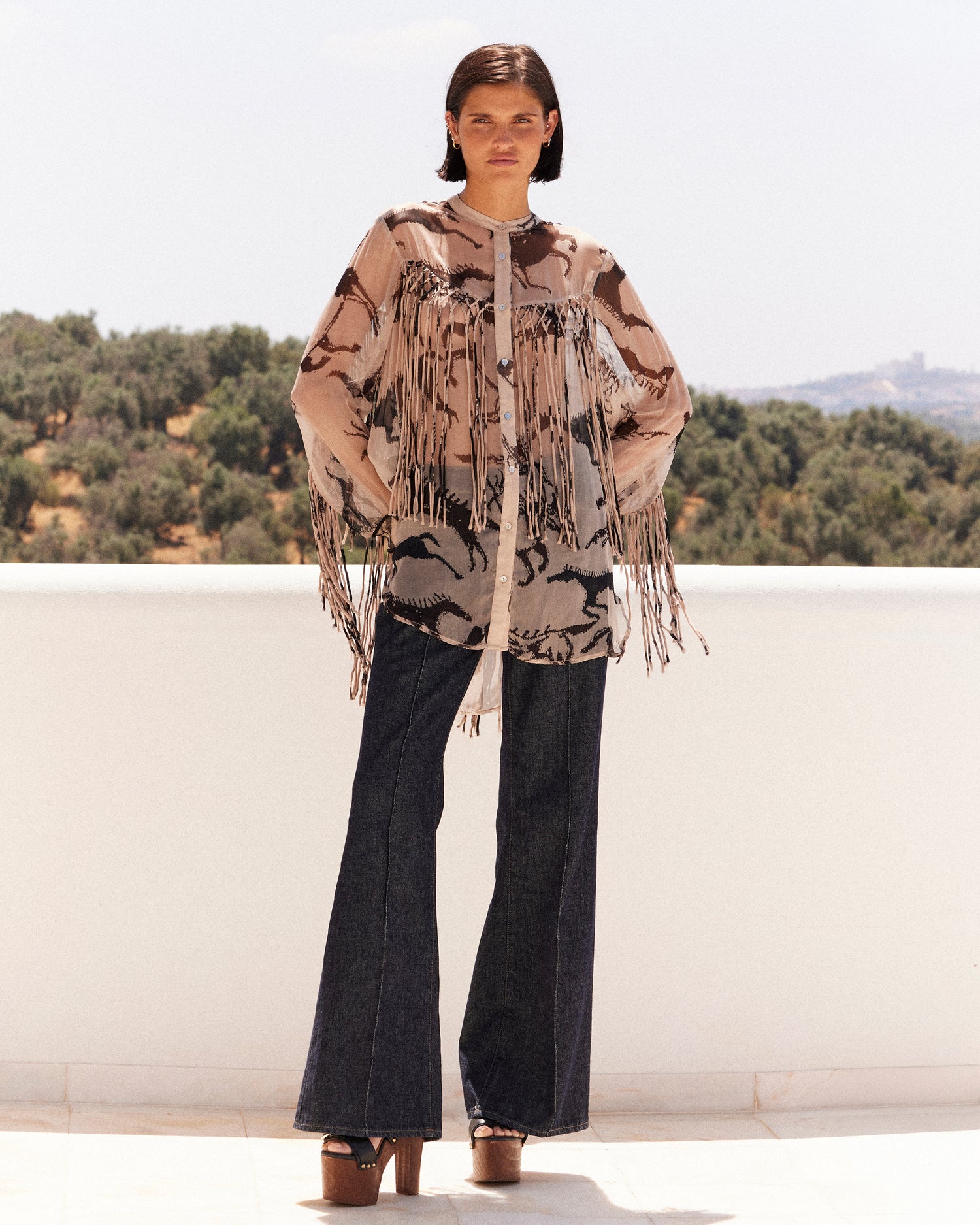 Chemise en chiffon de viscose – motif beige & marron foncé - Chemises & tops Mes Demoiselles